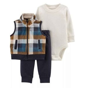 NWT Carter's Blue and Brown Plaid Vest, White Bodysuit, And Pant Set ~3M